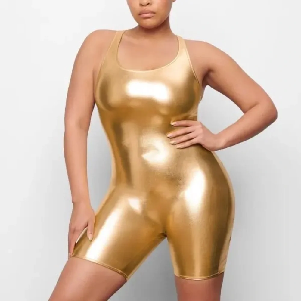 SKIMS Metallic Swim Cycle Suit - Gold size small festival rave party cute‎